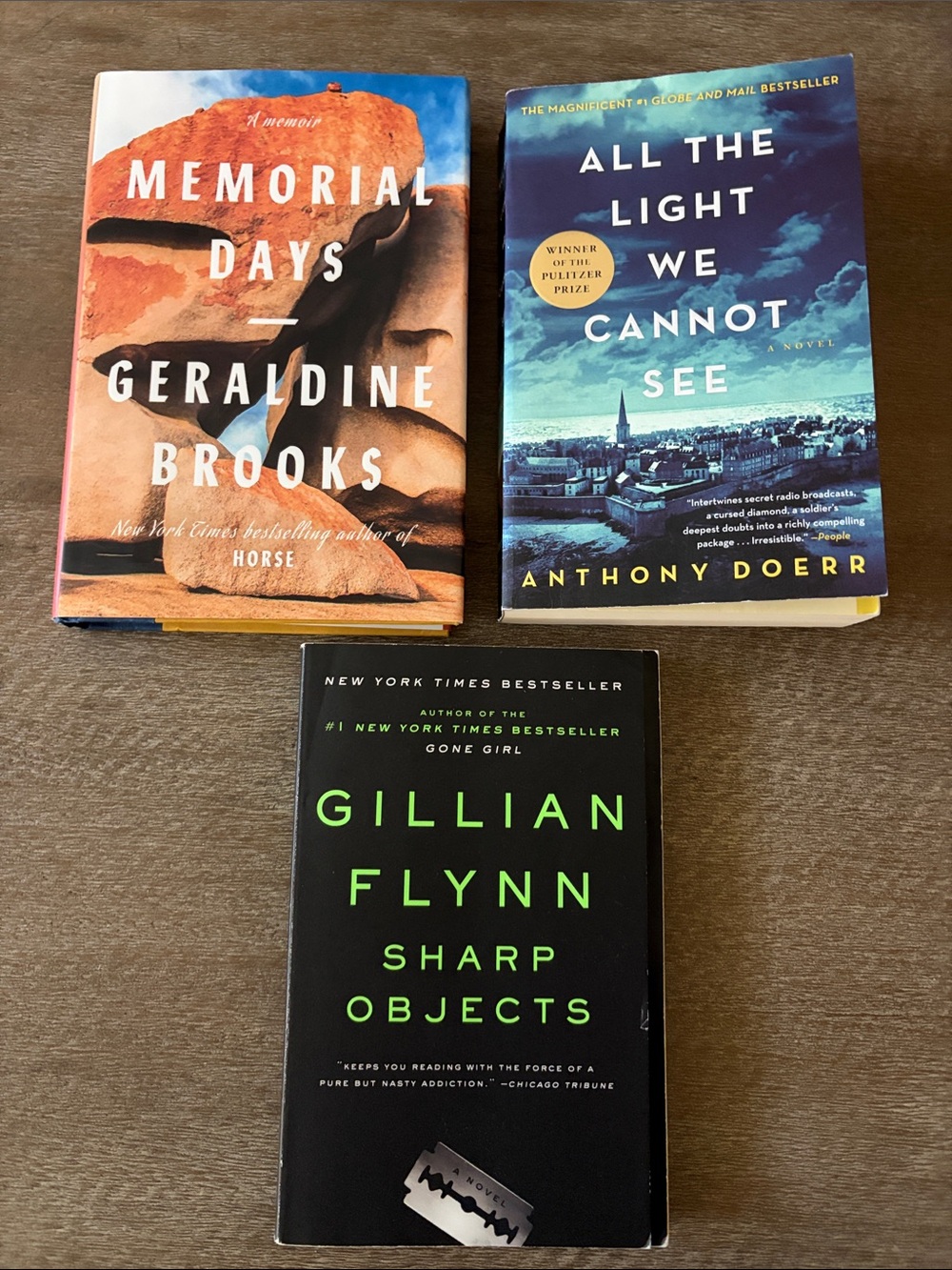 3 Paperback Novels: Memorial Days, All The Light We Cannot See, Sharp Objects